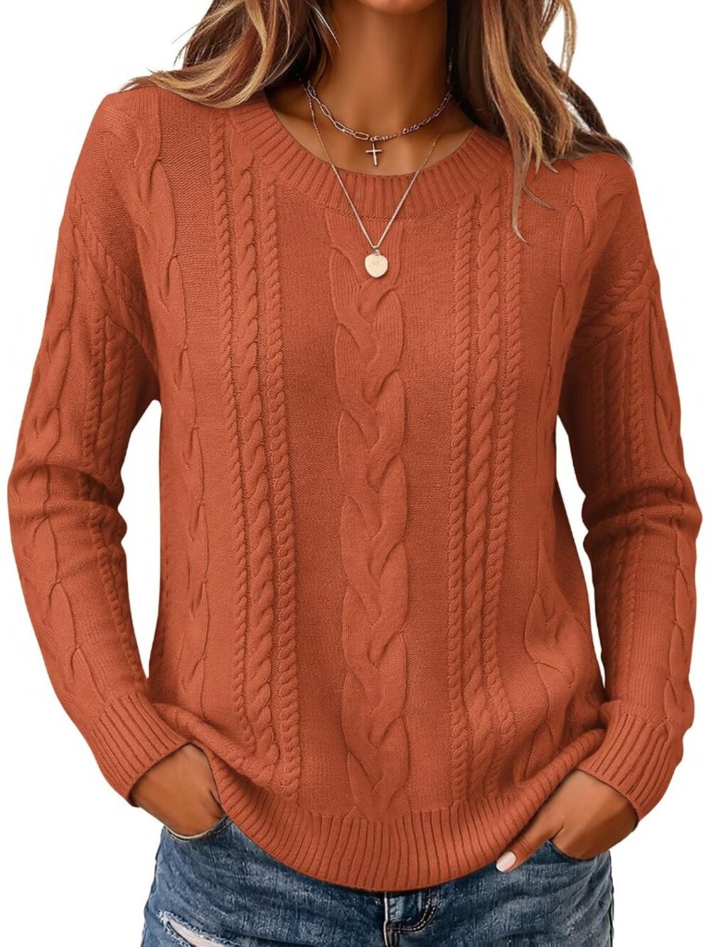 Elegant Cable Knit Crewneck Sweater for Women – Fall & Winter Style